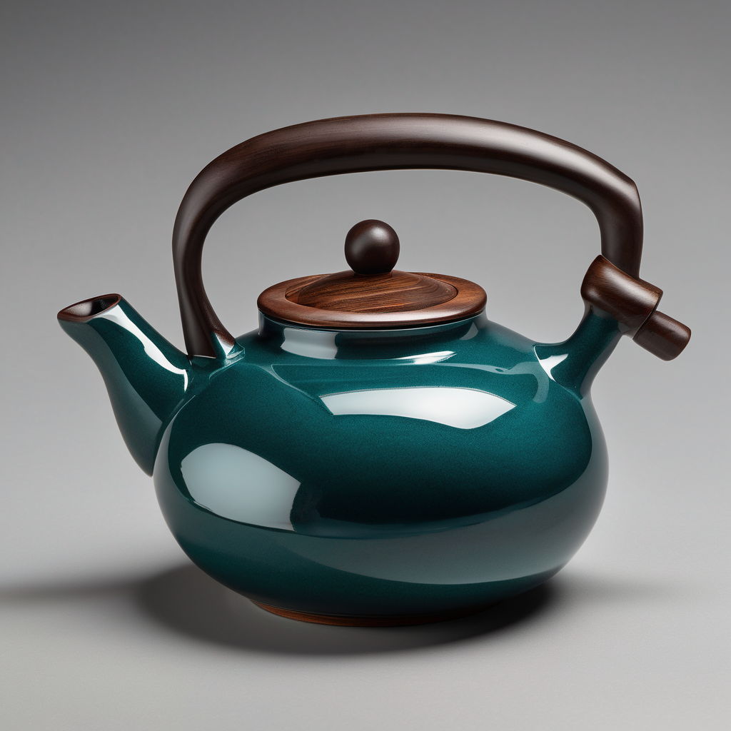 Teal ceramic teapot reference with arched walnut handle